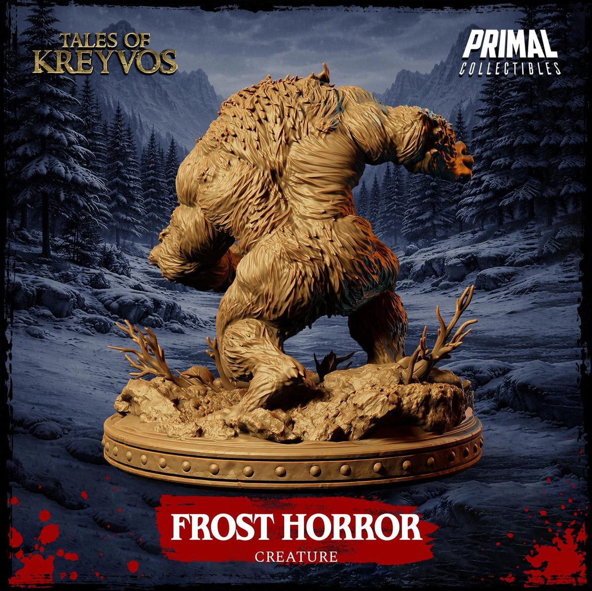 A large, detailed figurine of a frost-covered creature, likely a monster or a monster-like being, set against a snowy, mountainous landscape. The creature appears to be in motion, with its body twisted and turned in a menacing pose. The background features a dark, moody color, with a hint of red splatter on the bottom right corner. The text "FROST HORROR CREATURE" is prominently displayed, indicating the nature of the figurine.