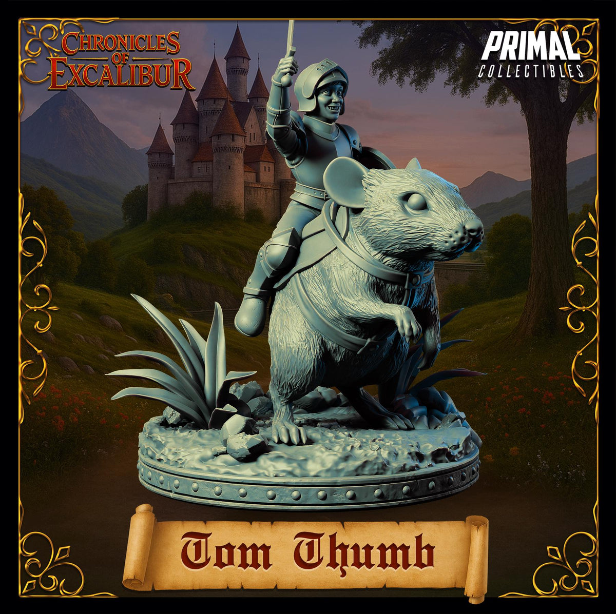 A statue of a knight riding a mouse, with a castle in the background.