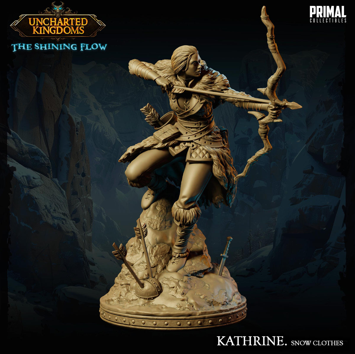 A bronze statue of a female warrior wielding a bow and arrow, standing on a rocky outcrop against a dark, rocky background.
