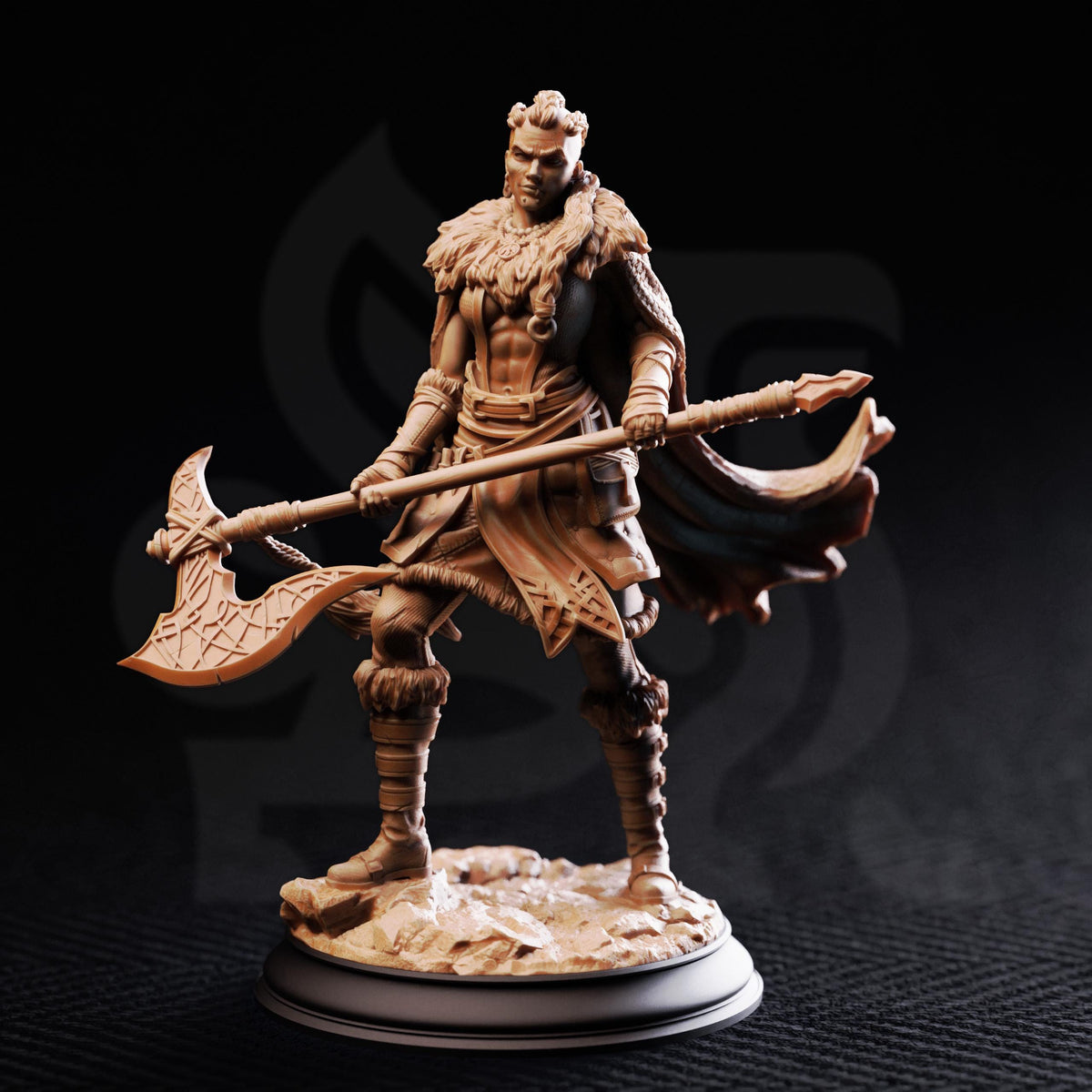 A figurine of a warrior figure holding a large weapon and standing on a rocky base against a dark background.