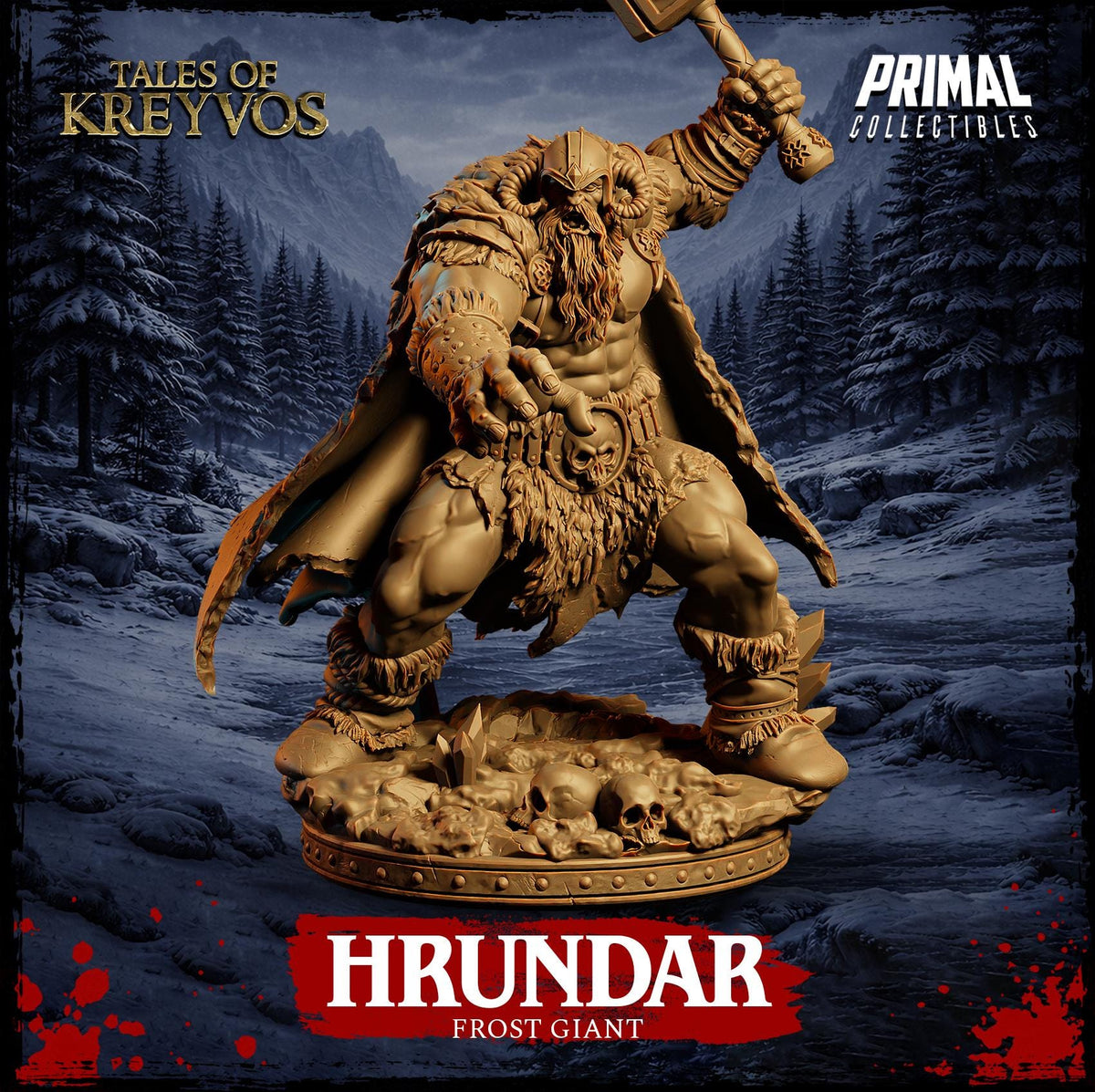 a large, imposing Viking warrior statue with a beard and a hammer in his hand, standing on a rocky base. The background depicts a snowy, mountainous landscape.