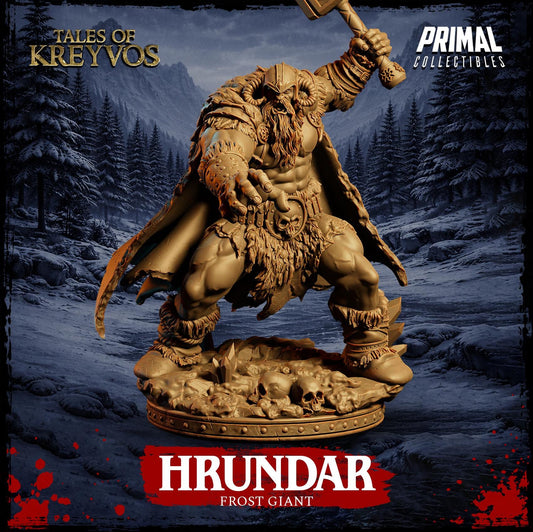 a large, imposing Viking warrior statue with a beard and a hammer in his hand, standing on a rocky base. The background depicts a snowy, mountainous landscape.