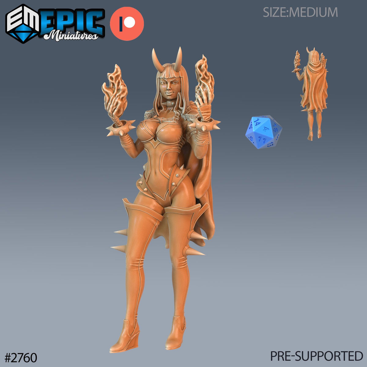 The image is a 3D model of a female character with horns and flames, along with a dice. It appears to be a miniature of a fantasy or action figure.
