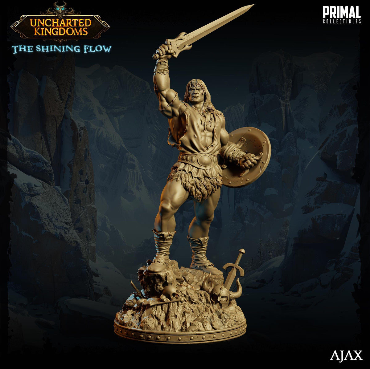 a detailed statue of a warrior standing on a rocky base, holding a sword and shield, with a mountainous landscape in the background.