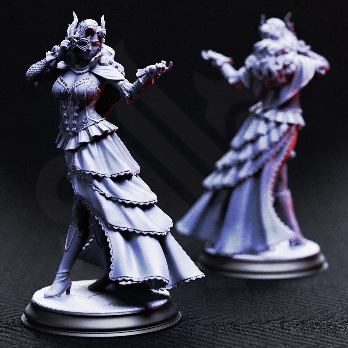 two figurines of women in elaborate, ornate costumes, standing on pedestals against a dark background.