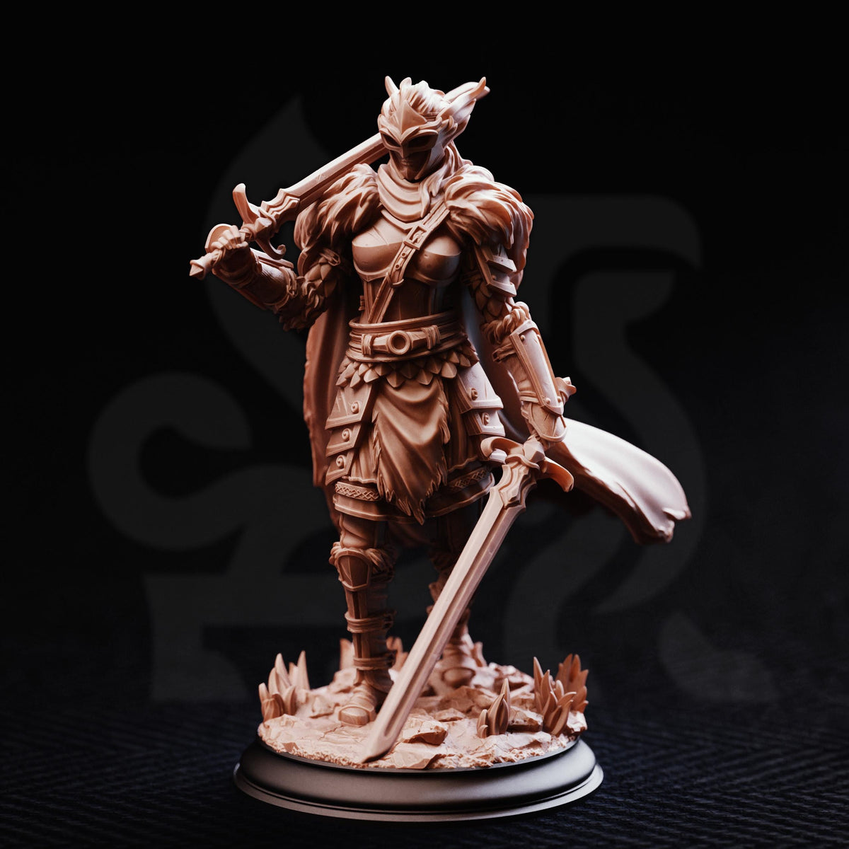 A detailed 3D model of a female warrior figure, standing on a base and holding a sword in her right hand.