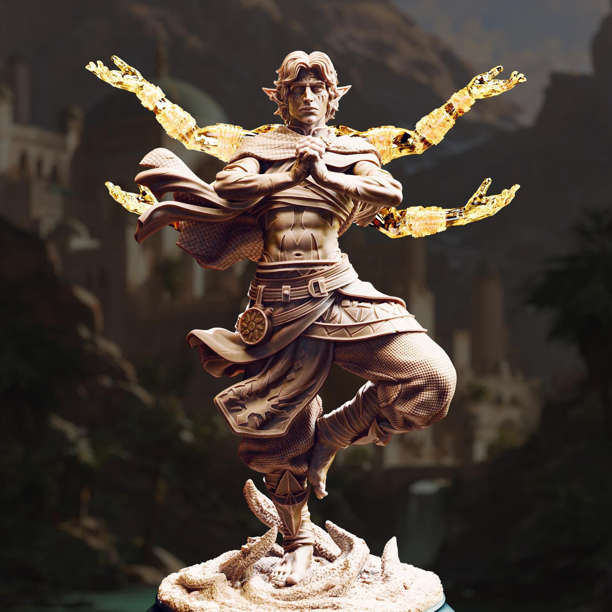 A statue of a muscular man with a flowing robe and a crown, standing in a pose with his arms outstretched.