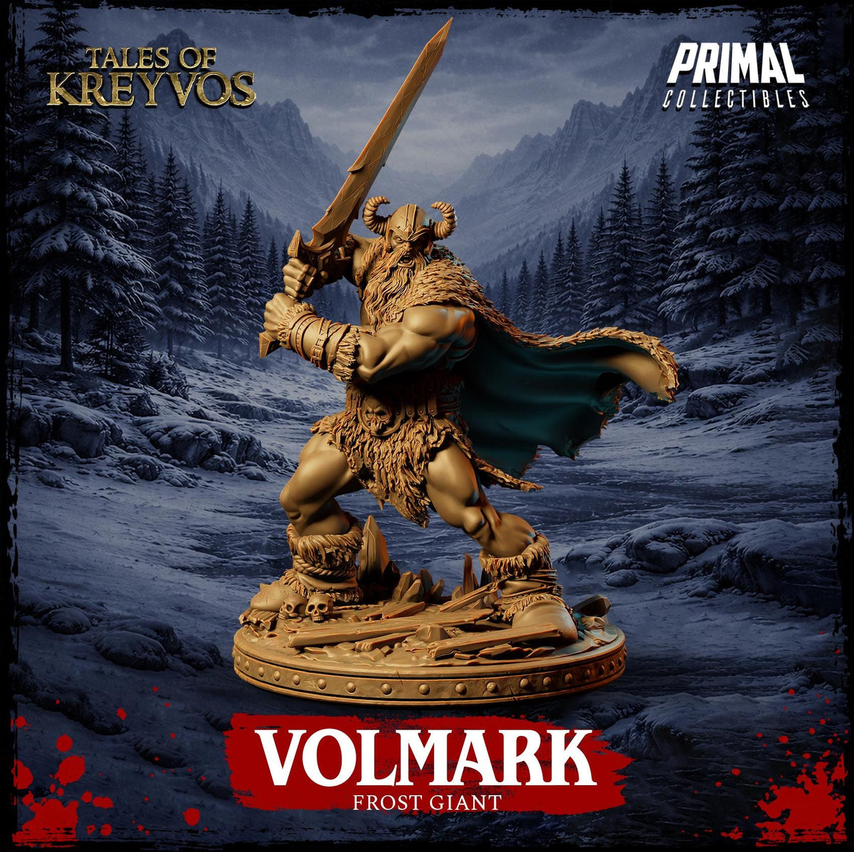 A golden statue of a frost giant, Volmark, standing in a snowy forest with mountains in the background.