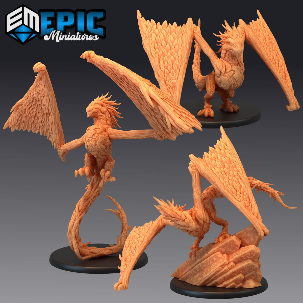 three detailed figurines of fantastical creatures, including a dragon-like creature with wings and a long, coiled body. The figurines are placed on a black base, and the background is a dark gray color.