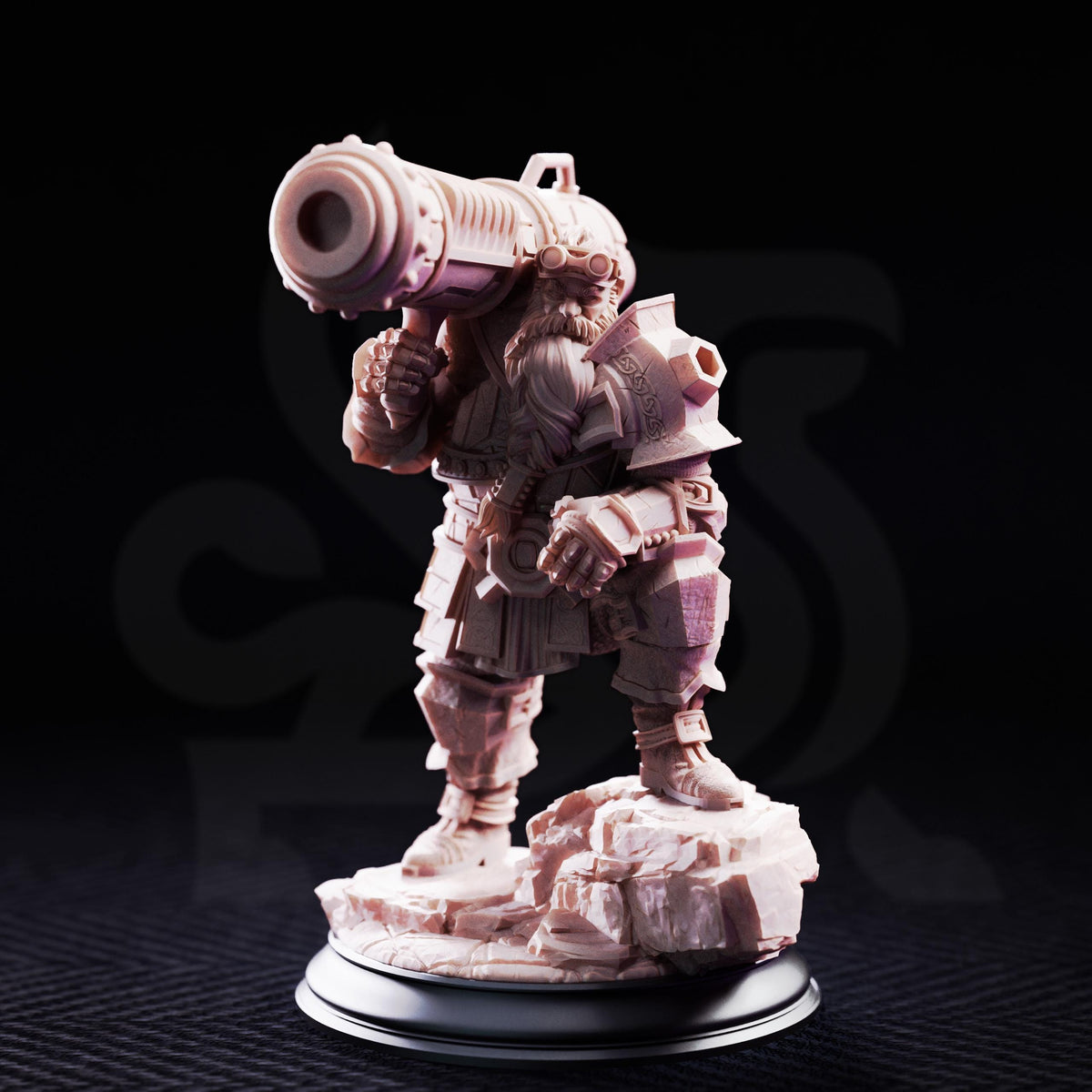 A detailed figurine of a bearded, armored character holding a large gun, standing on a rock formation against a dark background.