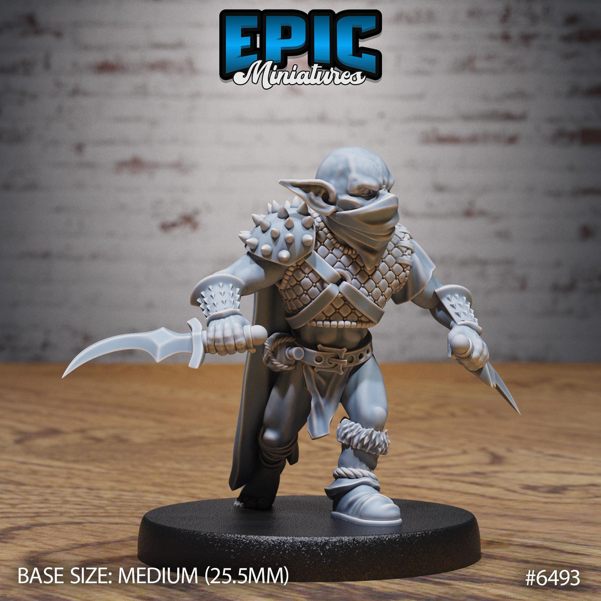 A figurine of a warrior character, likely from the video game Epic Miniatures, is displayed on a black base. The figurine is holding a sword and a shield, and it is wearing a helmet and a cape. The background is a brick wall.