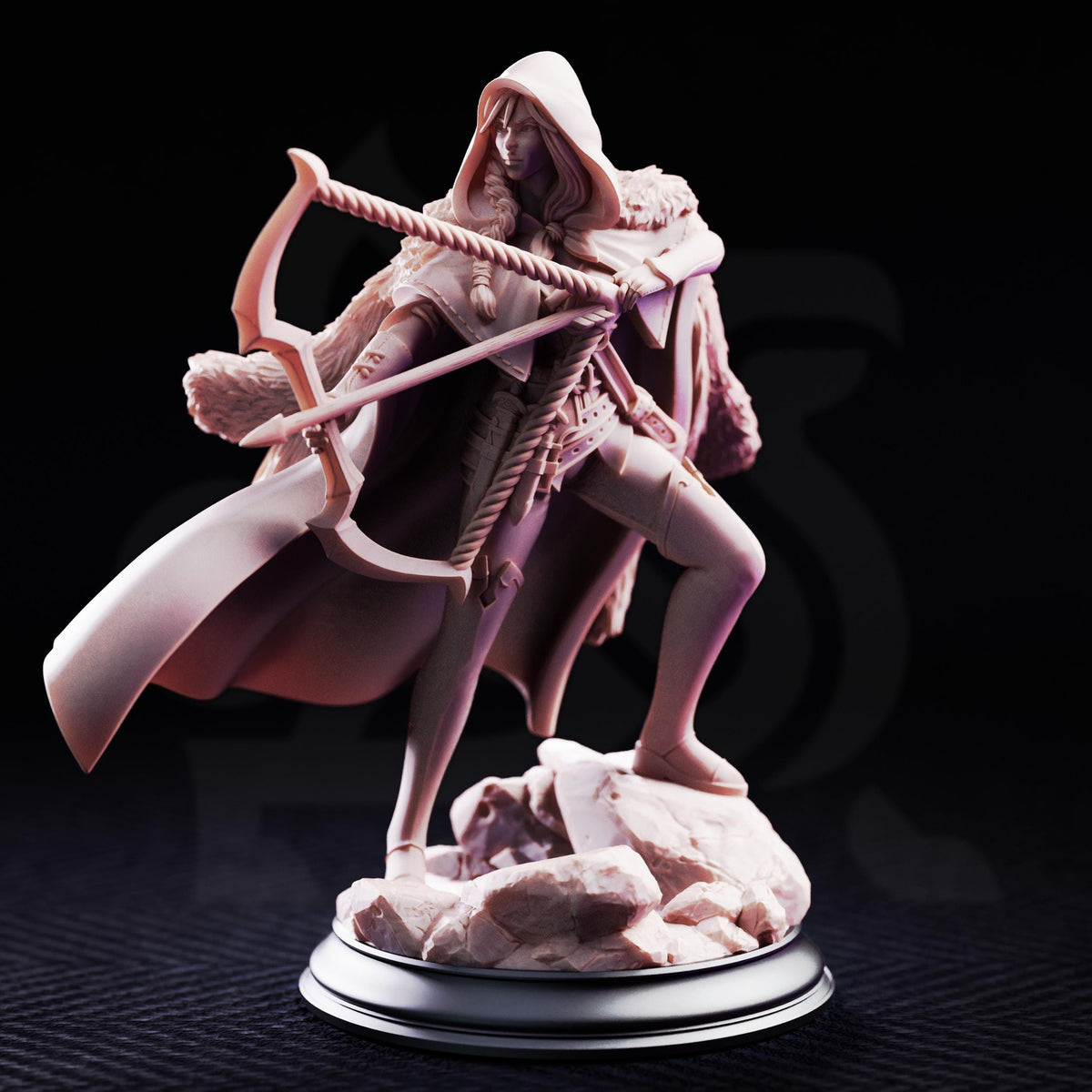 A figurine of a woman with a hooded cloak, holding a bow and arrow, standing on a rocky base against a dark background.
