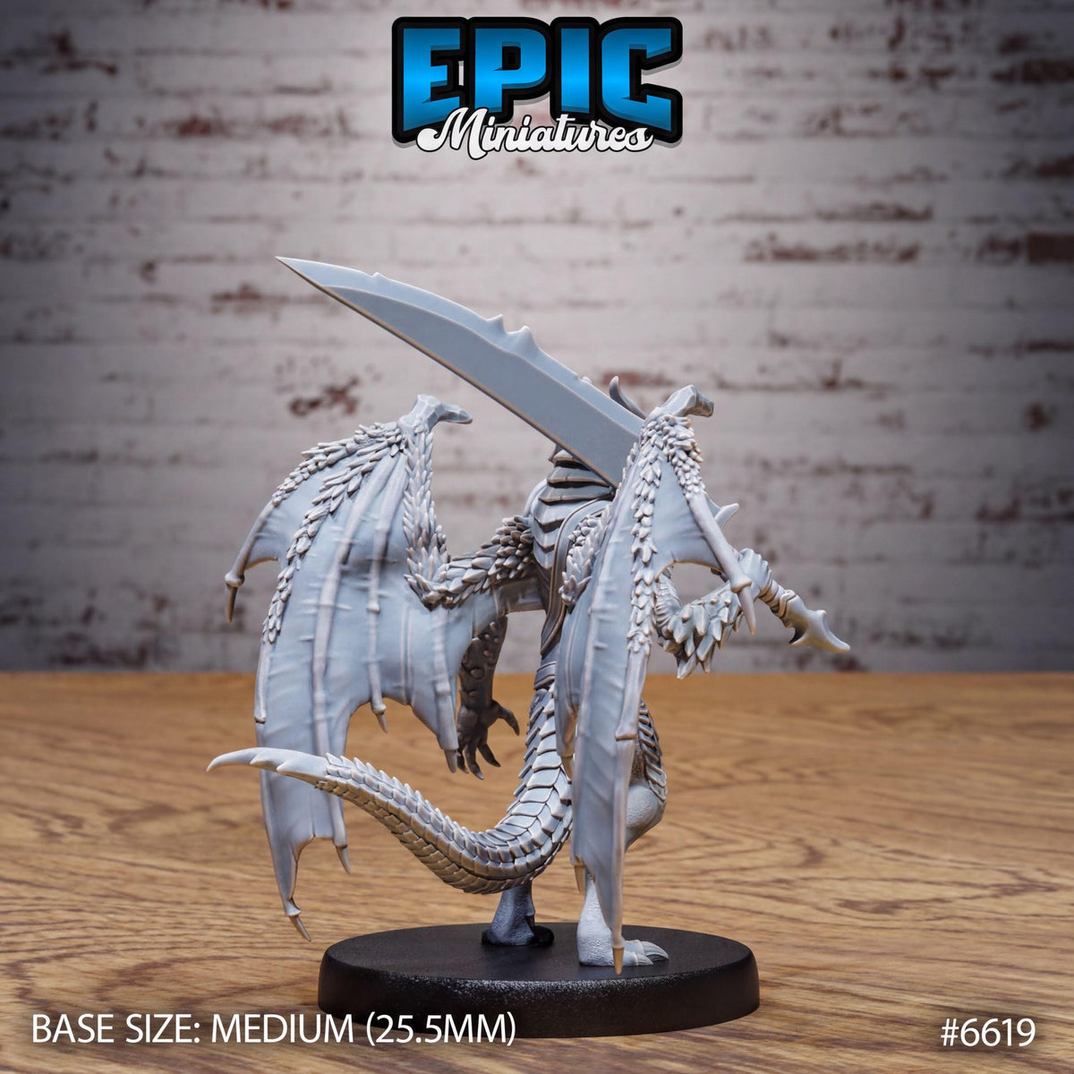 A detailed 3D model of a winged creature, possibly a dragon or mythical creature, with a large sword in its hand. The creature is standing on a black base and is positioned in front of a brick wall. The image is labeled with the text "Epic Miniaturies" and "BASE SIZE: MEDIUM (25.5MM)" indicating the size and material of the model.