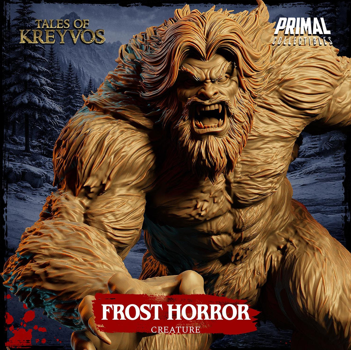 A large, detailed, and imposing creature resembling a monster or a dragon, with a fierce expression and a long beard, set against a snowy, mountainous landscape.