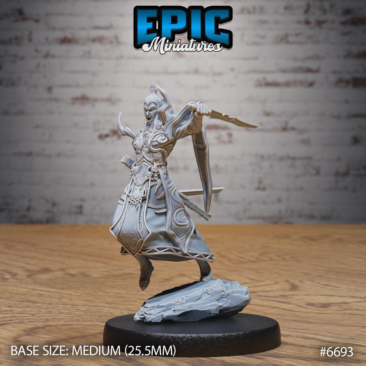A figurine of a female character with a sword and shield, standing on a black base. The figurine is described as a "MEDIUM" size, which is 25.5 millimeters in height. The background is a brick wall.
