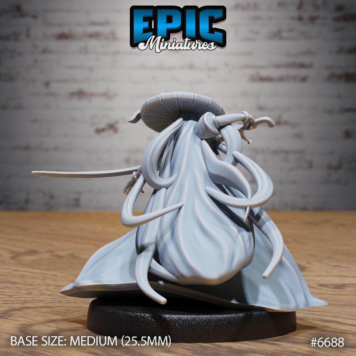 A 3D model of a character with a large head and long, flowing hair, standing on a black base. The character appears to be a fantasy or anime-style figure, possibly a warrior or deity. The background is a brick wall, which adds to the overall aesthetic of the image.