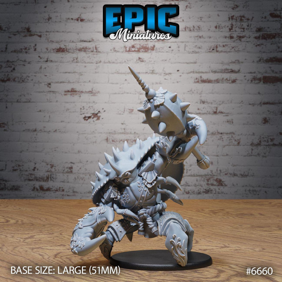 A 3D model of a miniature figurine, likely a character from a video game or tabletop game, displayed on a wooden surface against a brick wall background.