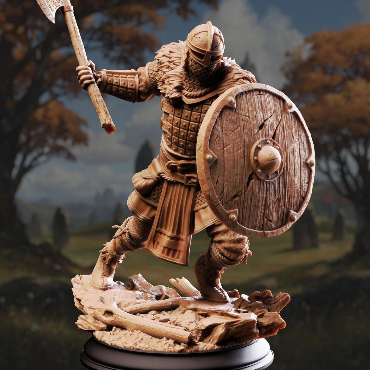 A detailed statue of a warrior figure, holding a shield and wielding a sword, set against a backdrop of trees and a cloudy sky.