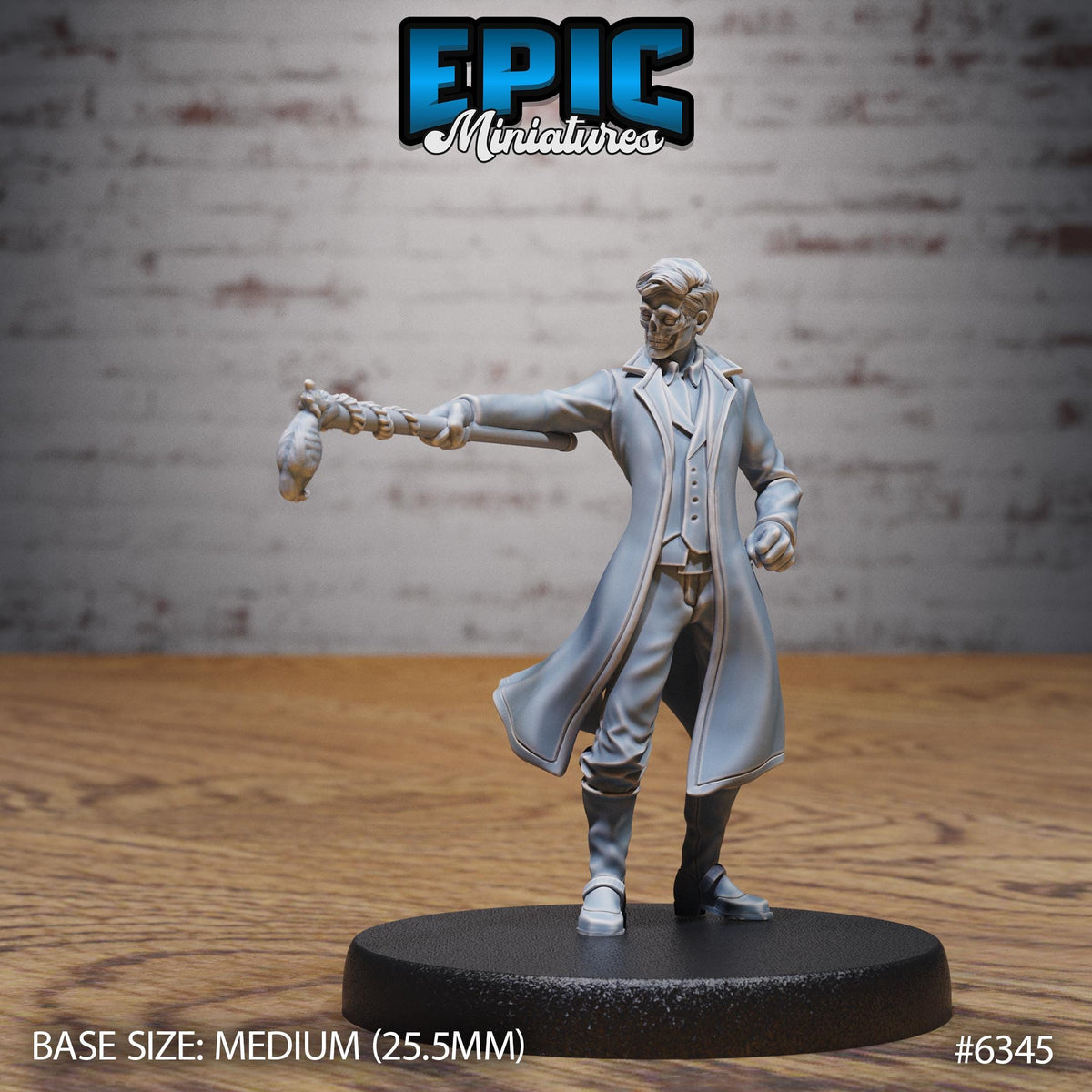 A figurine of a man in a long coat and hat, holding a weapon, is displayed on a black base.