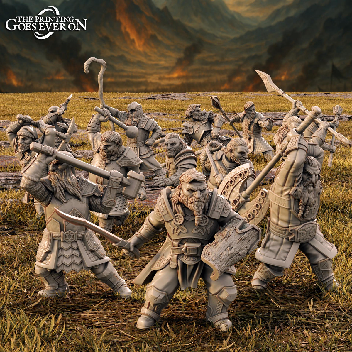 A group of heavily armored fantasy characters, likely from a fantasy role-playing game, are depicted in a dramatic pose against a backdrop of mountains and a fiery sky.