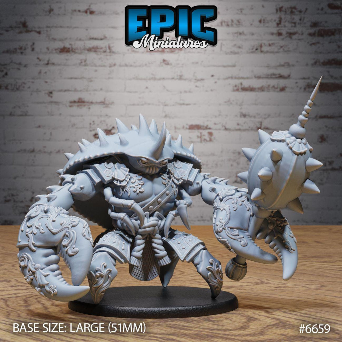 A detailed miniature figurine of a large crab-like creature with spikes and ornate armor, displayed on a black base.