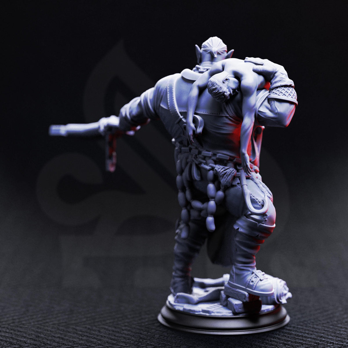 A detailed 3D model of a fantasy character, possibly a warrior or fantasy creature, standing on a base and holding a weapon in one hand and a shield in the other.