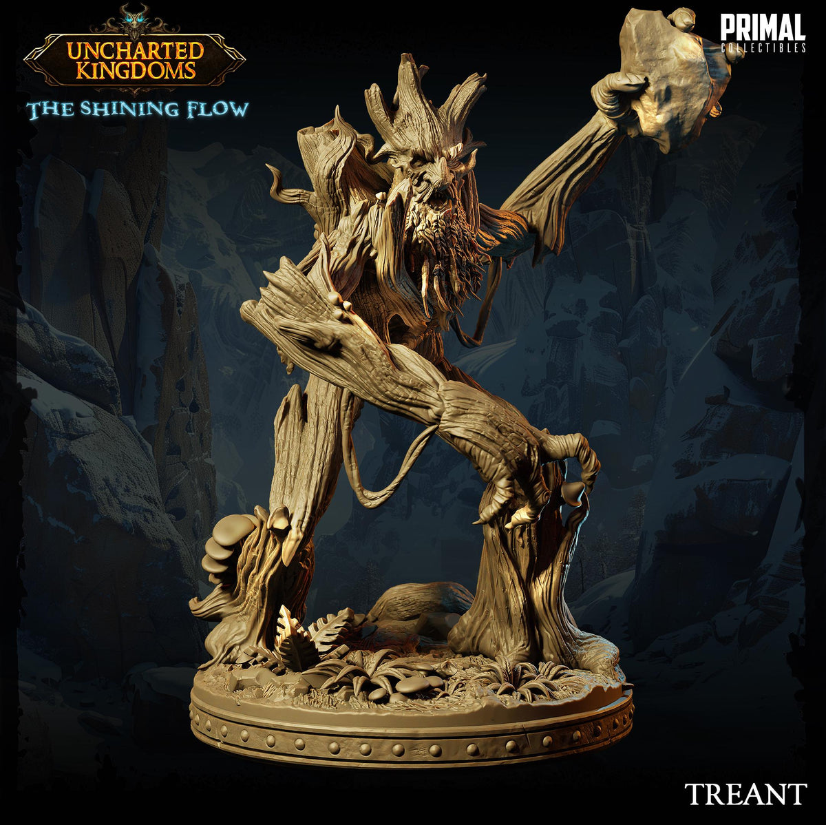 The image is a detailed sculpture of a fantastical creature, likely inspired by the video game "Uncharted Kingdoms: The Shining Flow". The creature has a large, intricate head and is holding a large object in its hands. The sculpture is set against a dark, rocky background, which adds to the mysterious and otherworldly atmosphere of the scene.