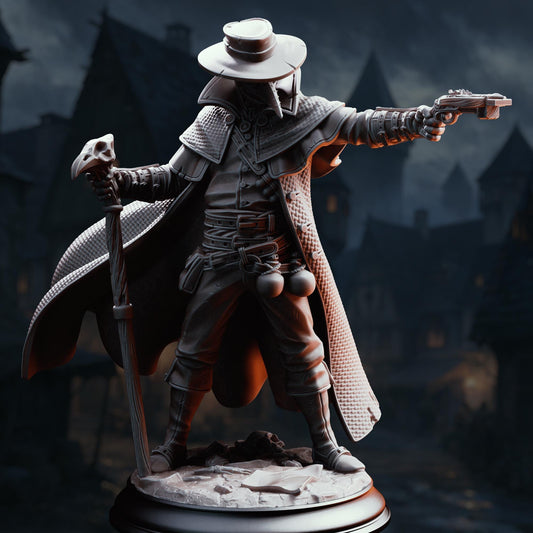 A detailed 3D rendering of a character in a medieval-style outfit, holding a gun and standing in a dark, atmospheric setting.