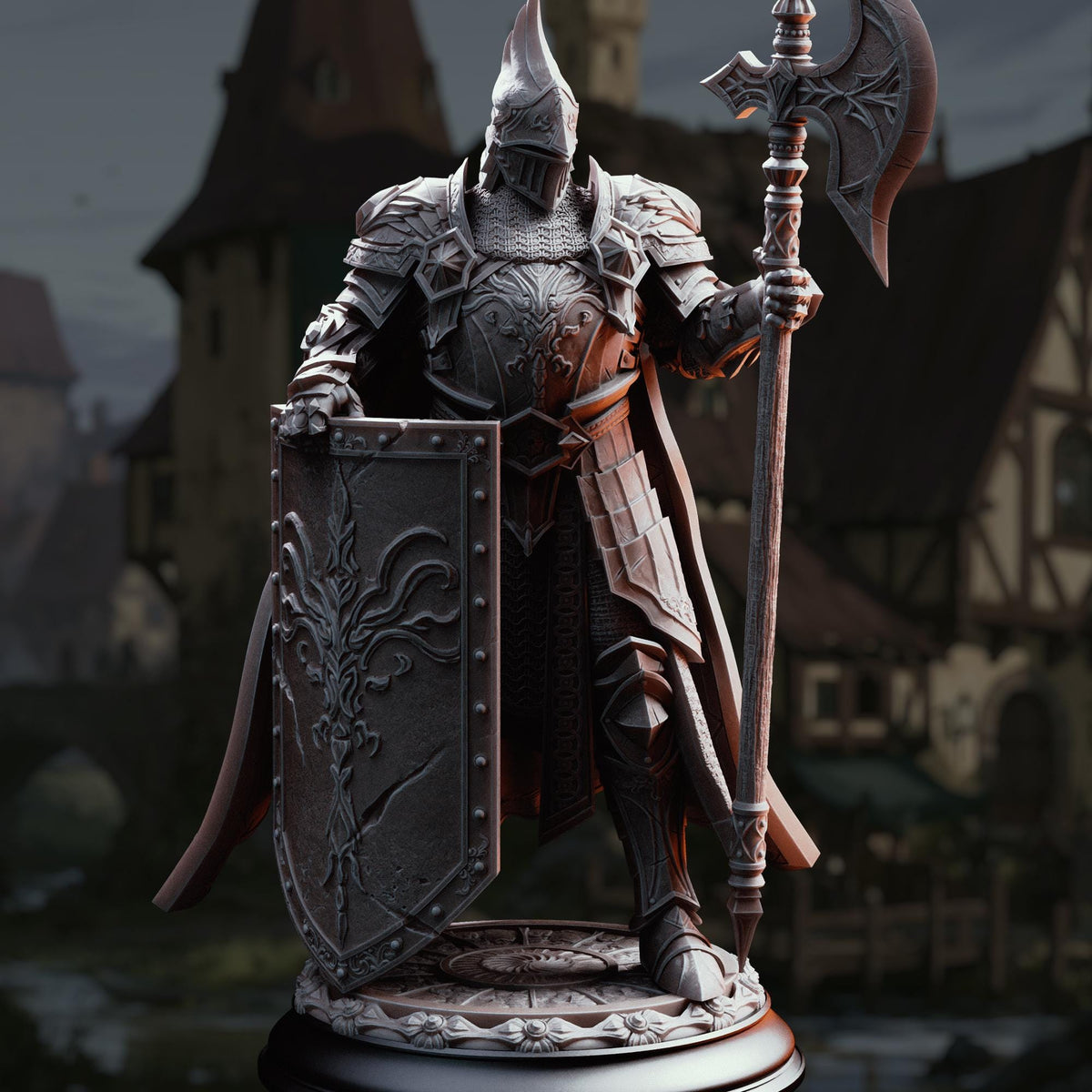 A detailed 3D rendering of a knight in armor, holding a shield and a sword, standing in front of a castle-like structure.