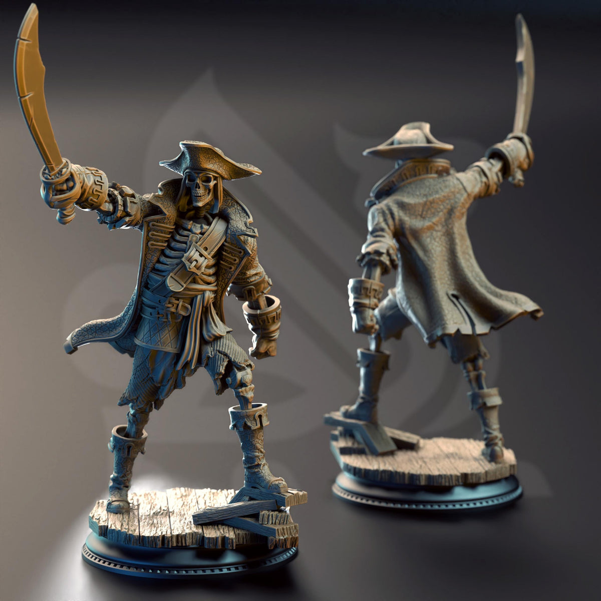 two pirate statues, one standing upright and the other in a fighting stance, both holding swords.