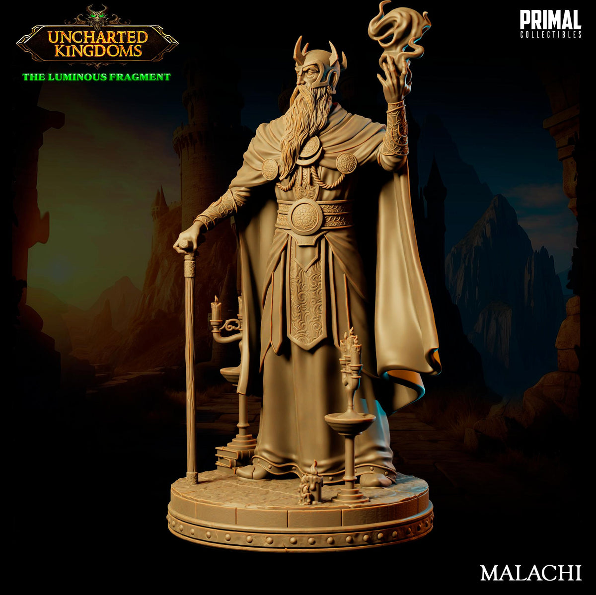 A 3D model of a statue of a bearded, armored figure holding a staff and a staff-like object, standing in a dark, mountainous landscape.
