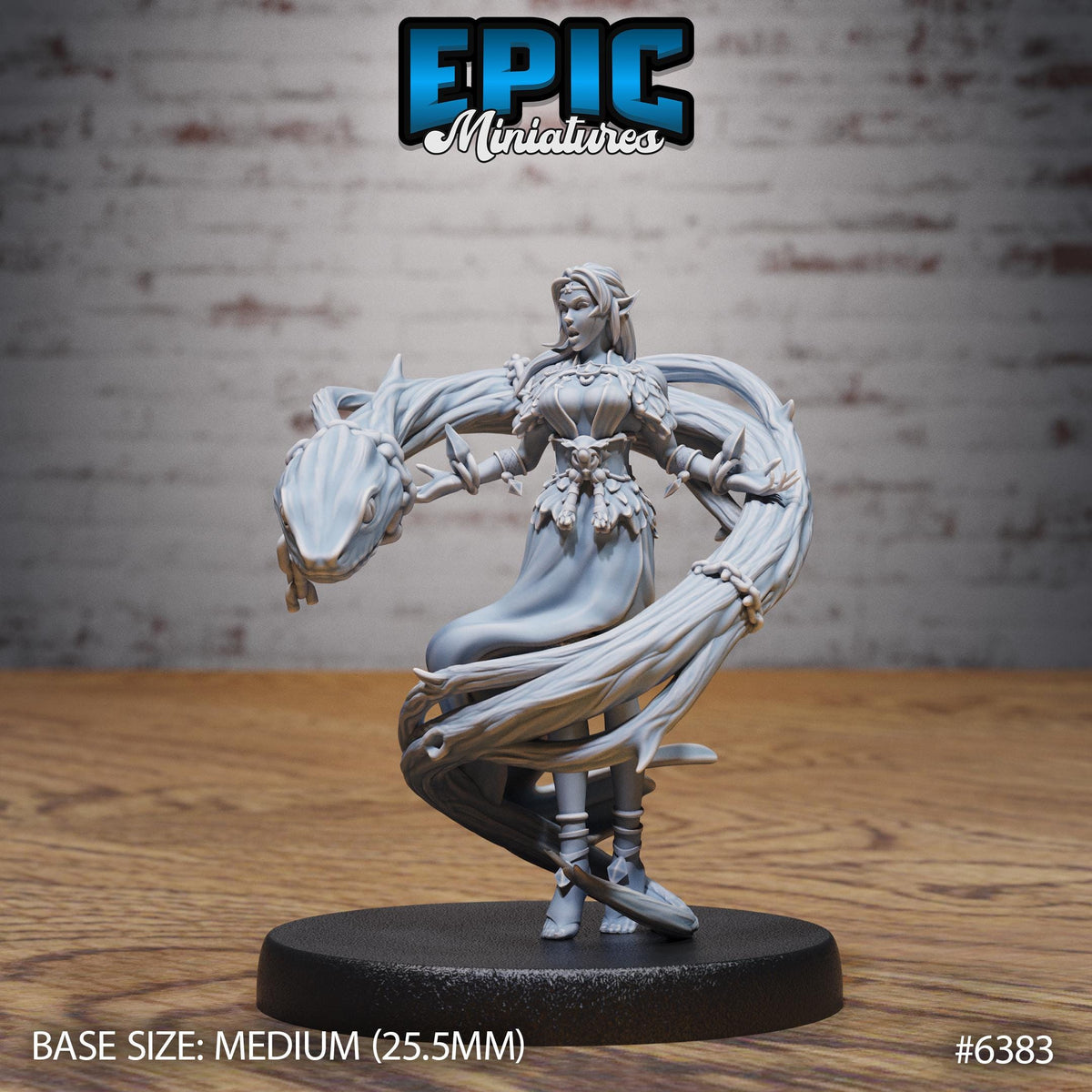 A figurine of a female character with flowing hair and a flowing dress, standing on a black base and holding a large object in her hands.