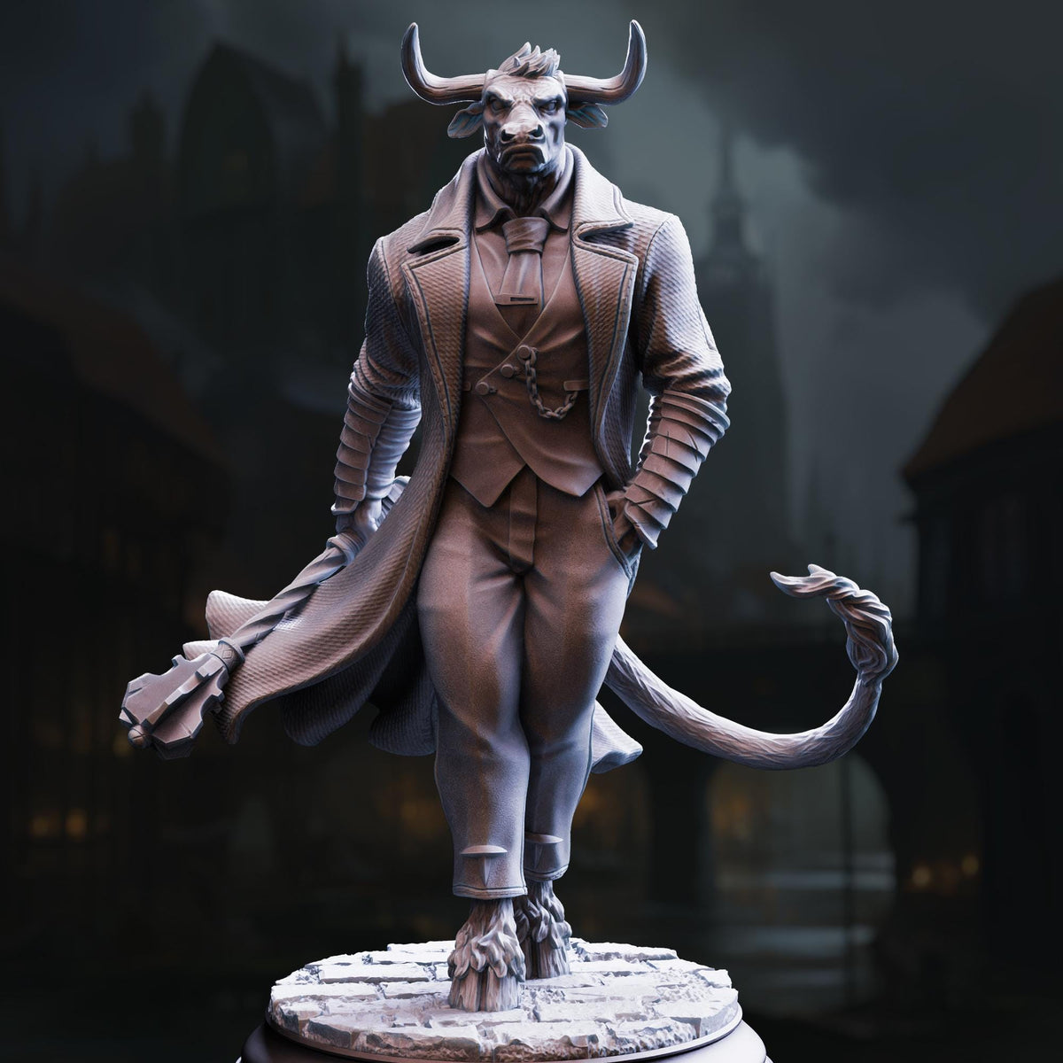 A statue of a bull-like creature with horns, dressed in a suit and standing confidently with one foot on a pedestal.