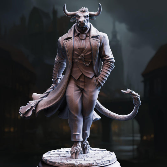 A statue of a bull-like creature with horns, dressed in a suit and standing confidently with one foot on a pedestal.