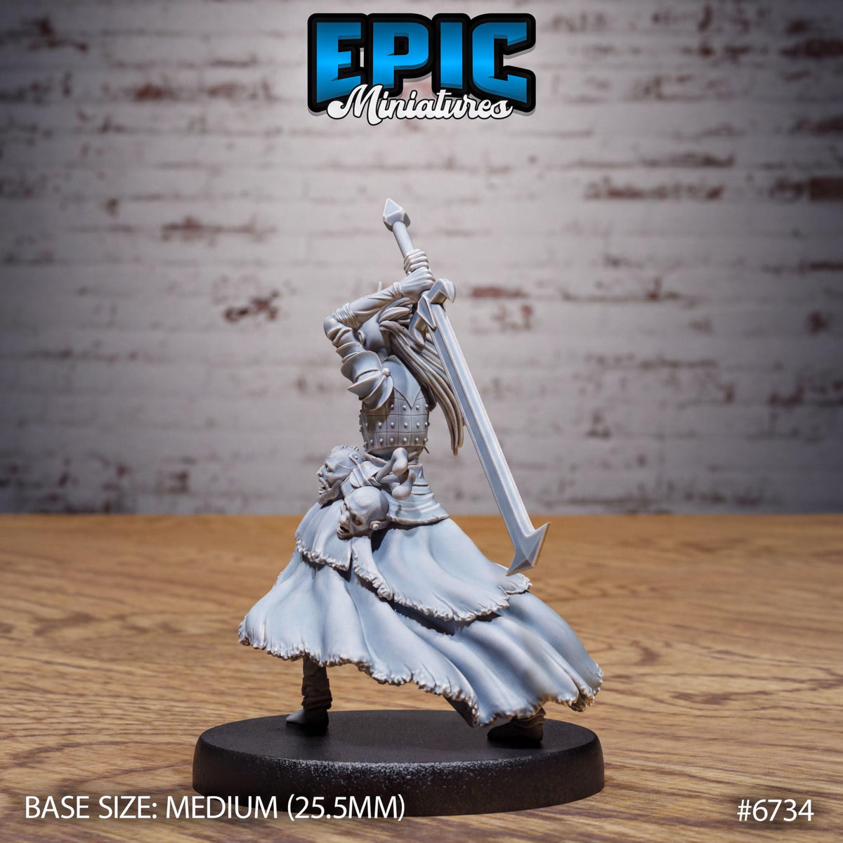 A figurine of a knight in a flowing white dress, holding a sword, is displayed on a black base.