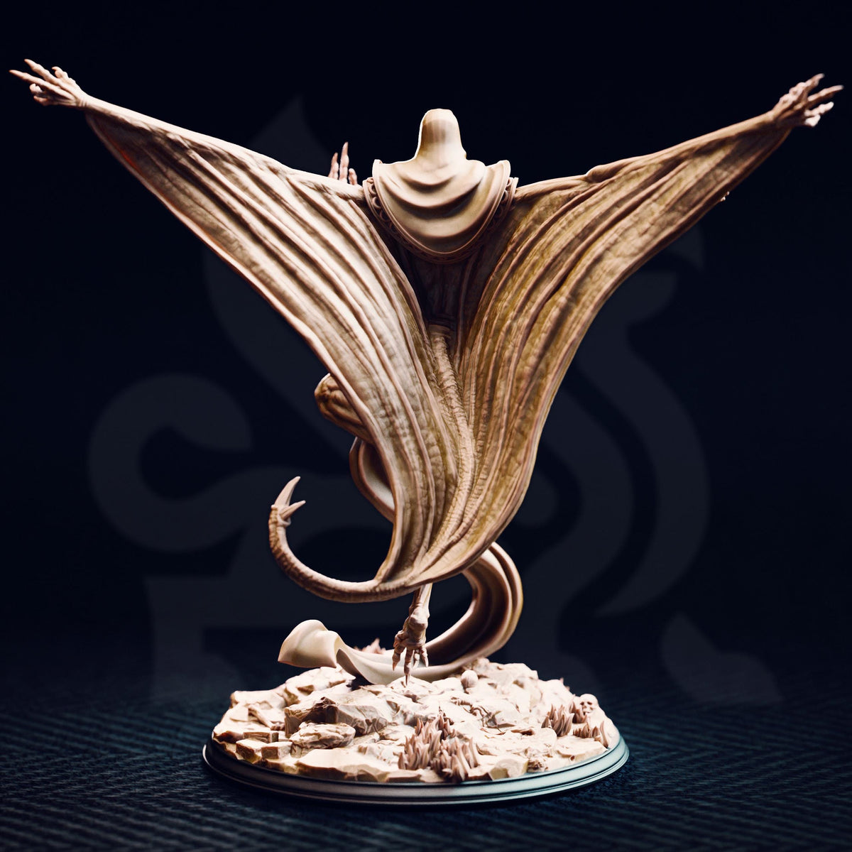 A detailed sculpture of a fantastical creature with outstretched wings, standing on a rocky base against a dark background.