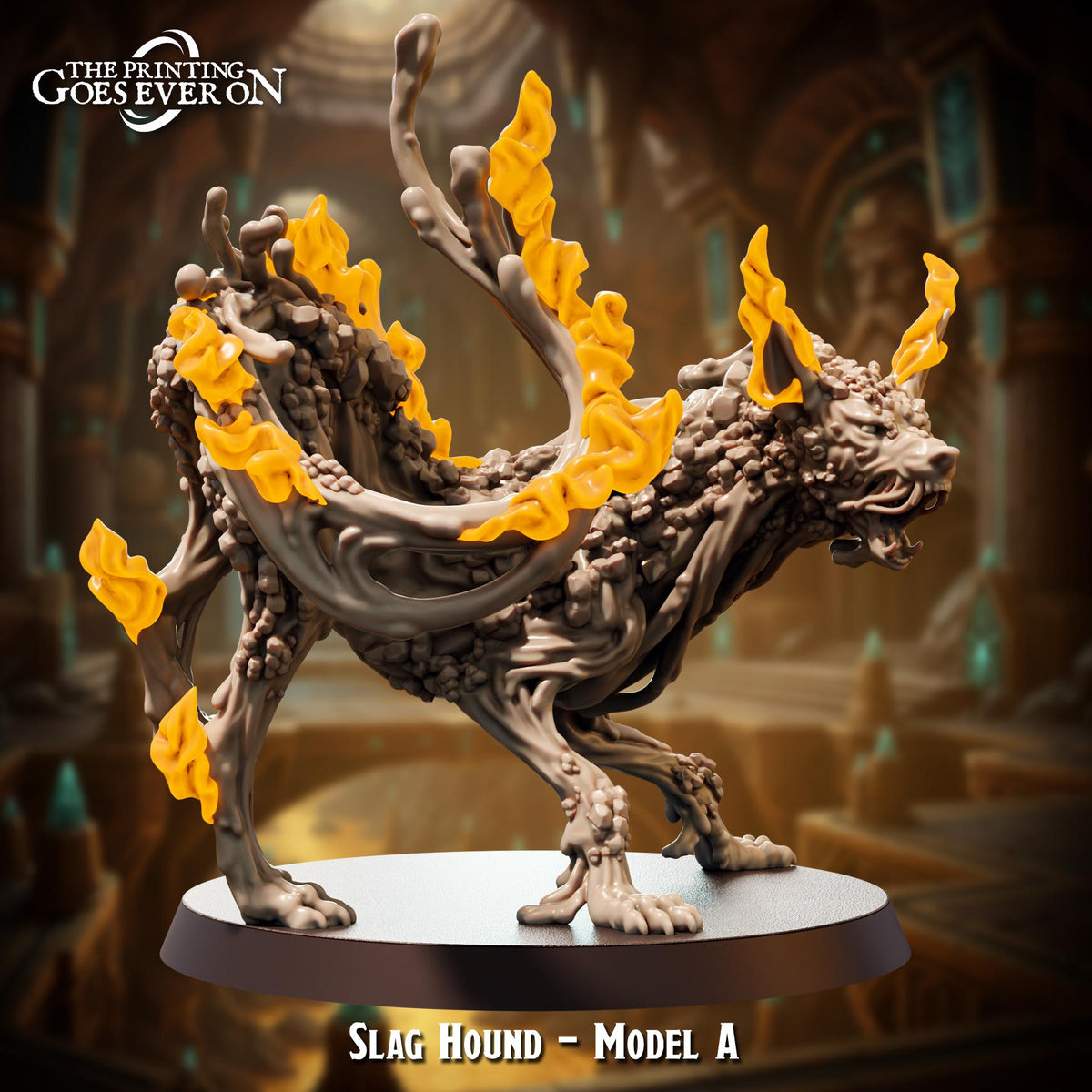 A figurine of Slag Hound, a mythical creature from the video game The Printing Goes Ever On, is shown in the image.