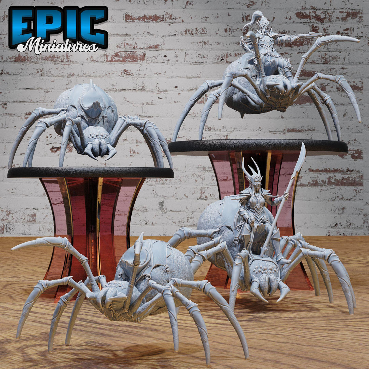 a collection of miniature figurines depicting various fantastical creatures, including large spider-like creatures and other mythical beings.