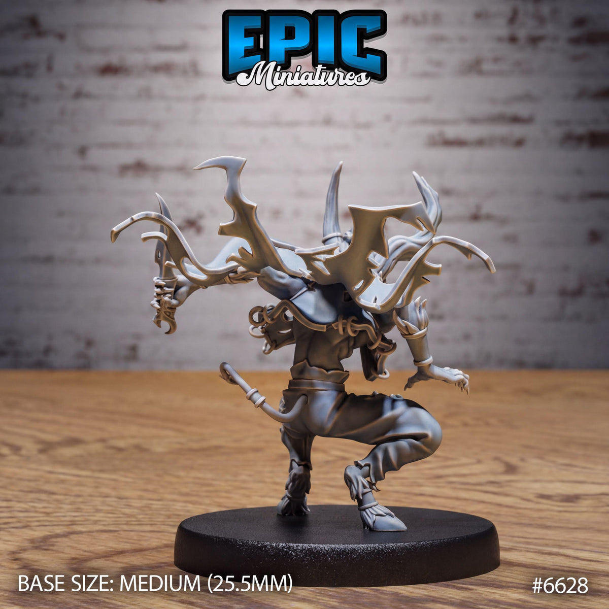 A figurine of a character with a large head and multiple arms, standing on a black base. The figurine appears to be a miniature model of a character from a video game or tabletop game.
