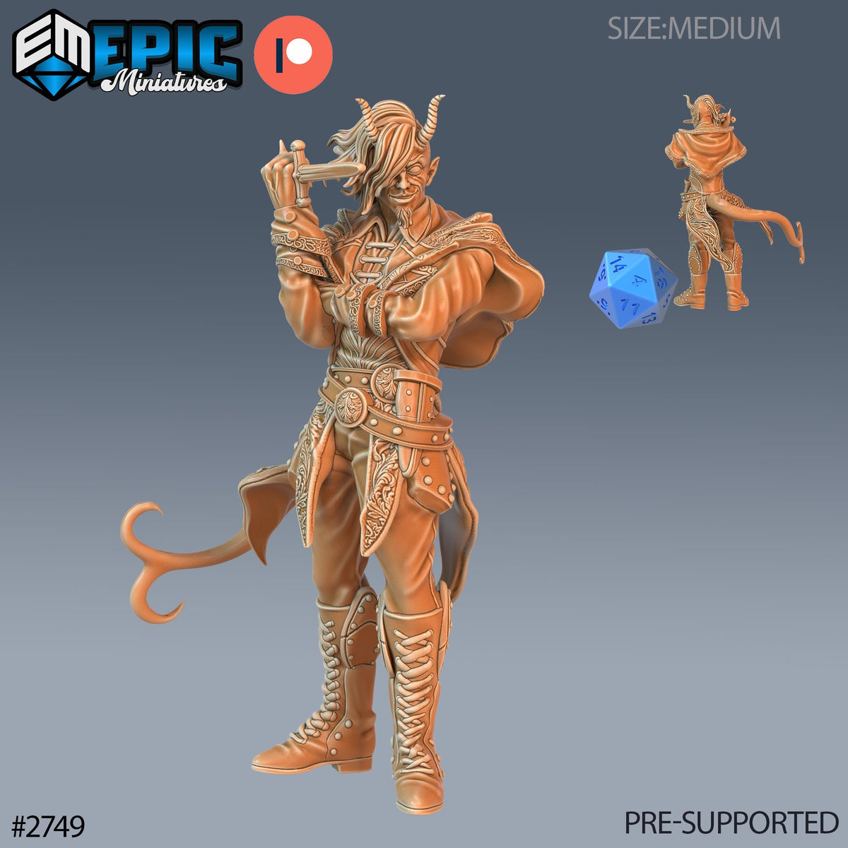 The image is a 3D model of a fantasy character, possibly a warrior or knight, with intricate details and a detailed design. The character is wearing a long coat and boots, and there is a dice in the image. The character is shown in different poses, and the image is labeled as a pre-supported size-medium.