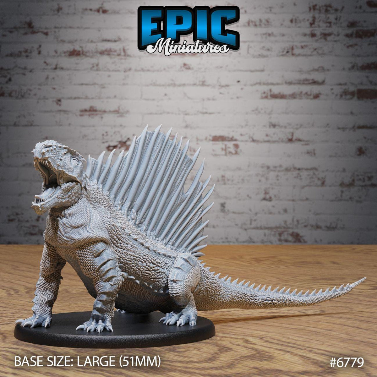 A large, detailed model of a dinosaur or prehistoric creature with sharp teeth and spikes, sitting on a black base. The background is a brick wall.
