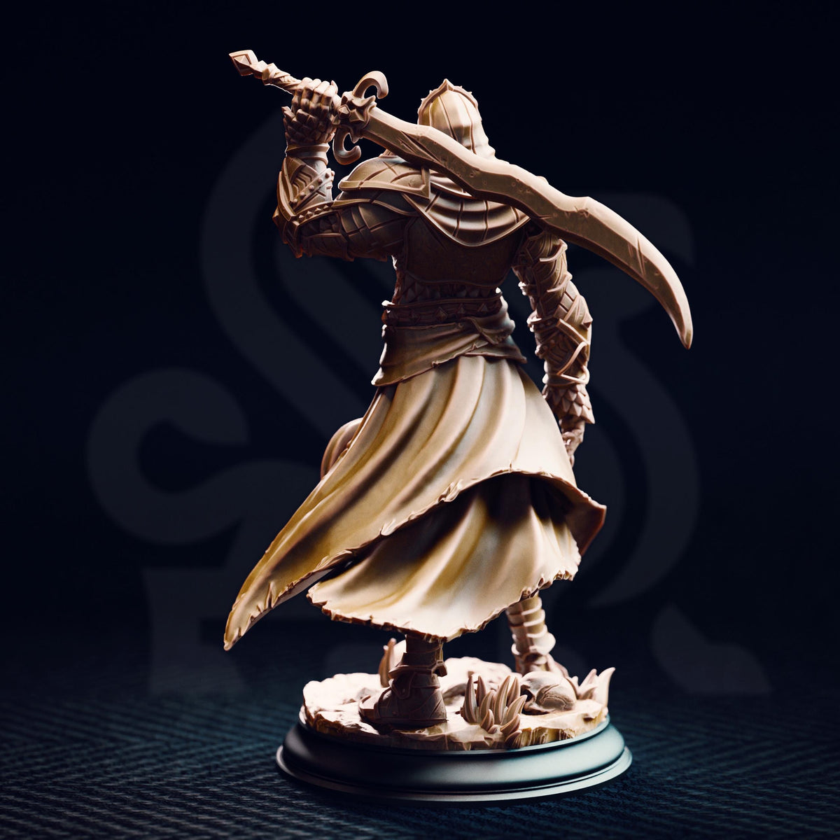 A detailed 3D model of a warrior figure holding a sword, standing on a pedestal against a dark background.
