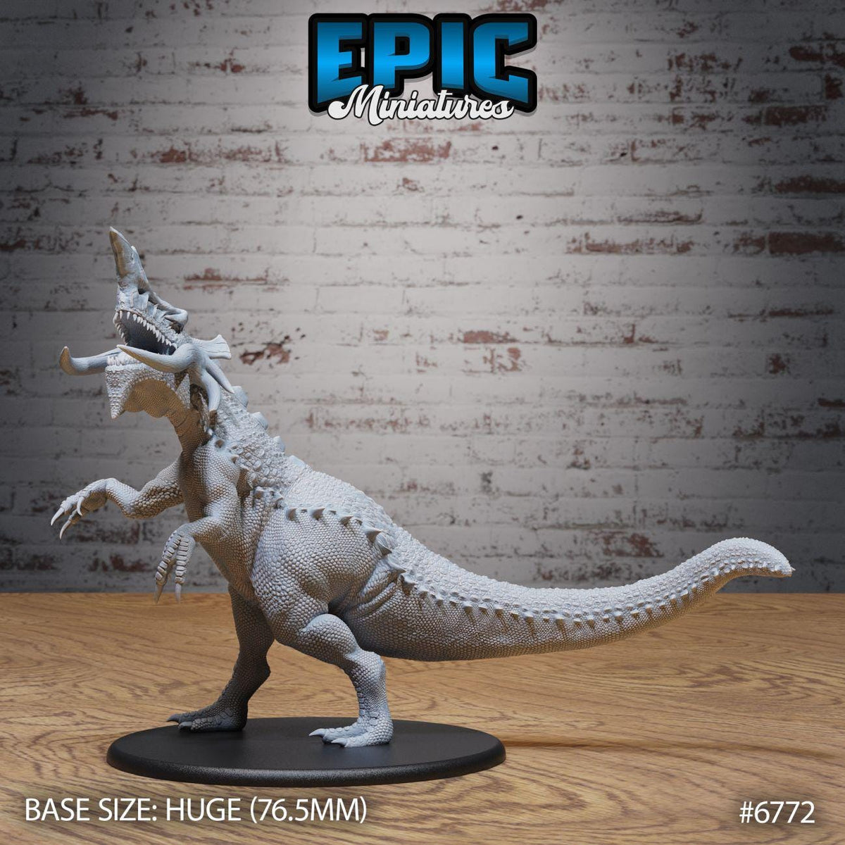 a large, detailed model of a dinosaur or prehistoric creature, possibly a T-Rex or similar dinosaur, standing on a black base. The base size is described as huge, with a length of 76.5 millimeters. The background of the image is a brick wall, which provides a contrast to the dinosaur model. The image does not contain any text, and the dinosaur is the main focus of the image.