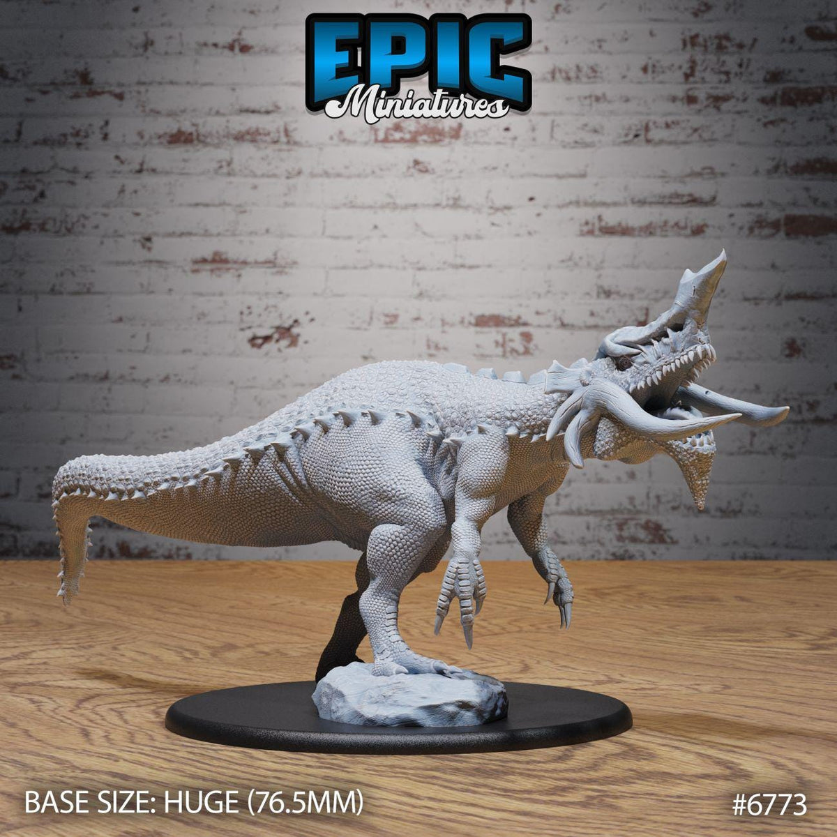 A large, detailed, and realistic-looking dinosaur figurine is displayed on a black base, set against a brick wall background.