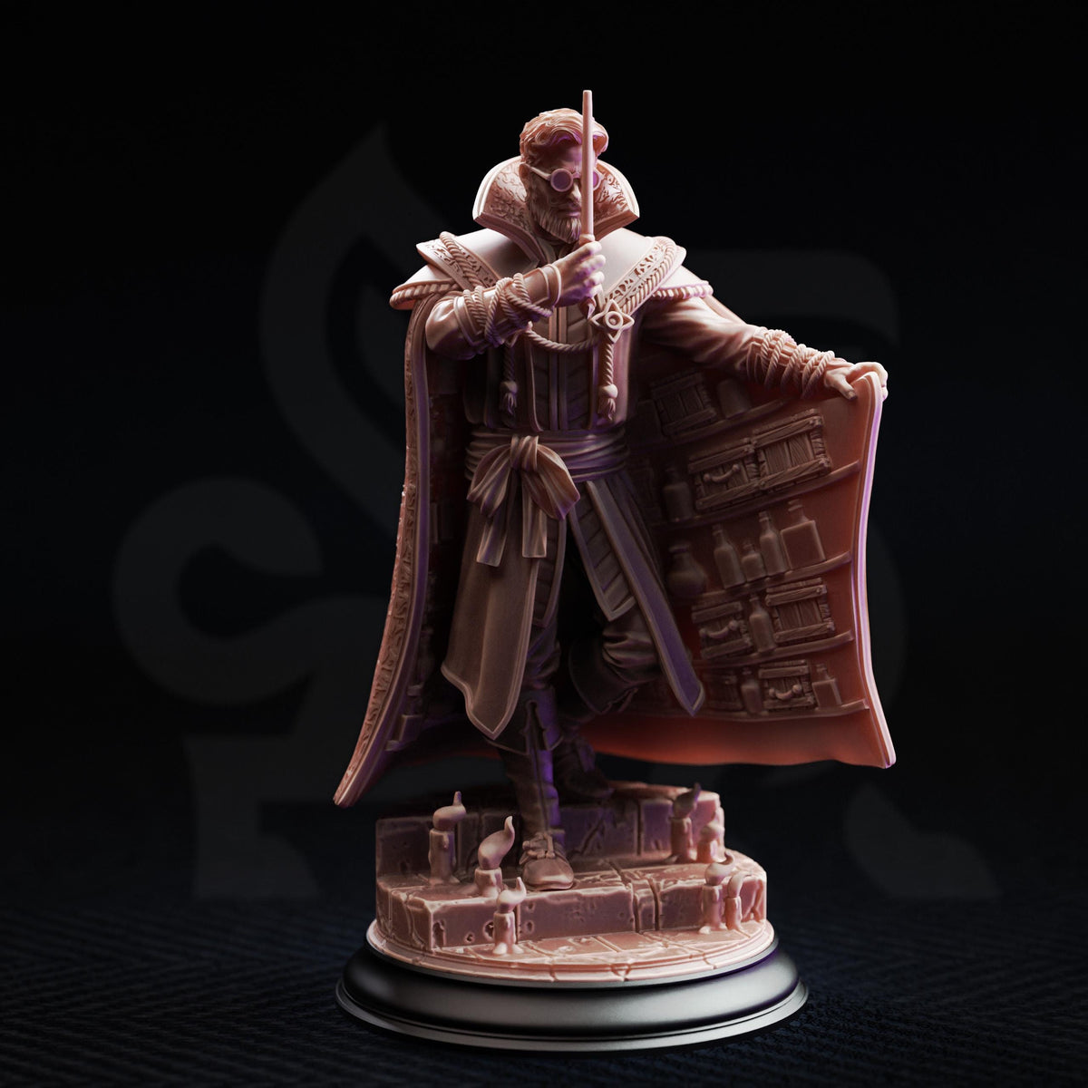 A detailed 3D model of a character wearing a cape and holding a staff, standing on a base with various objects around it.