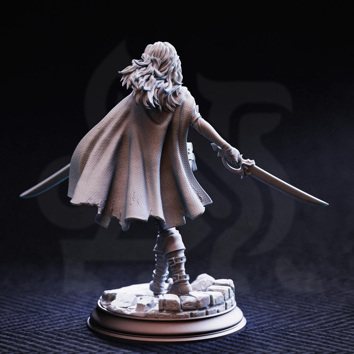 A detailed 3D model of a female character with long hair, wearing a cape and holding a sword, standing on a base.