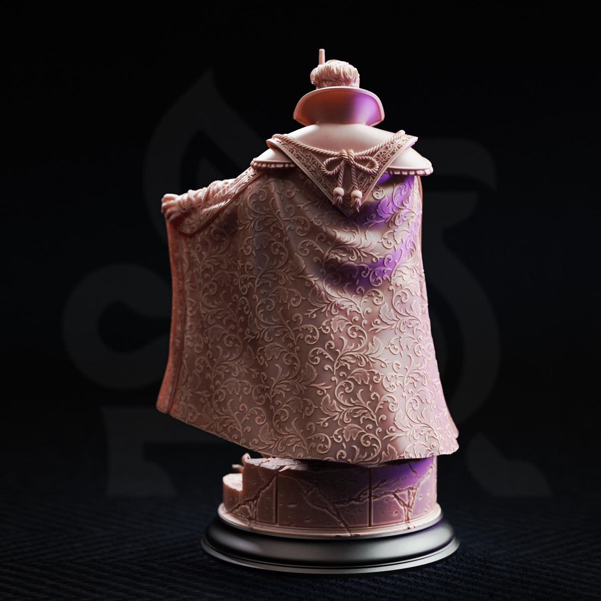 A pink and white ornate statue of a person wearing a decorative cape, standing on a pedestal against a dark background.