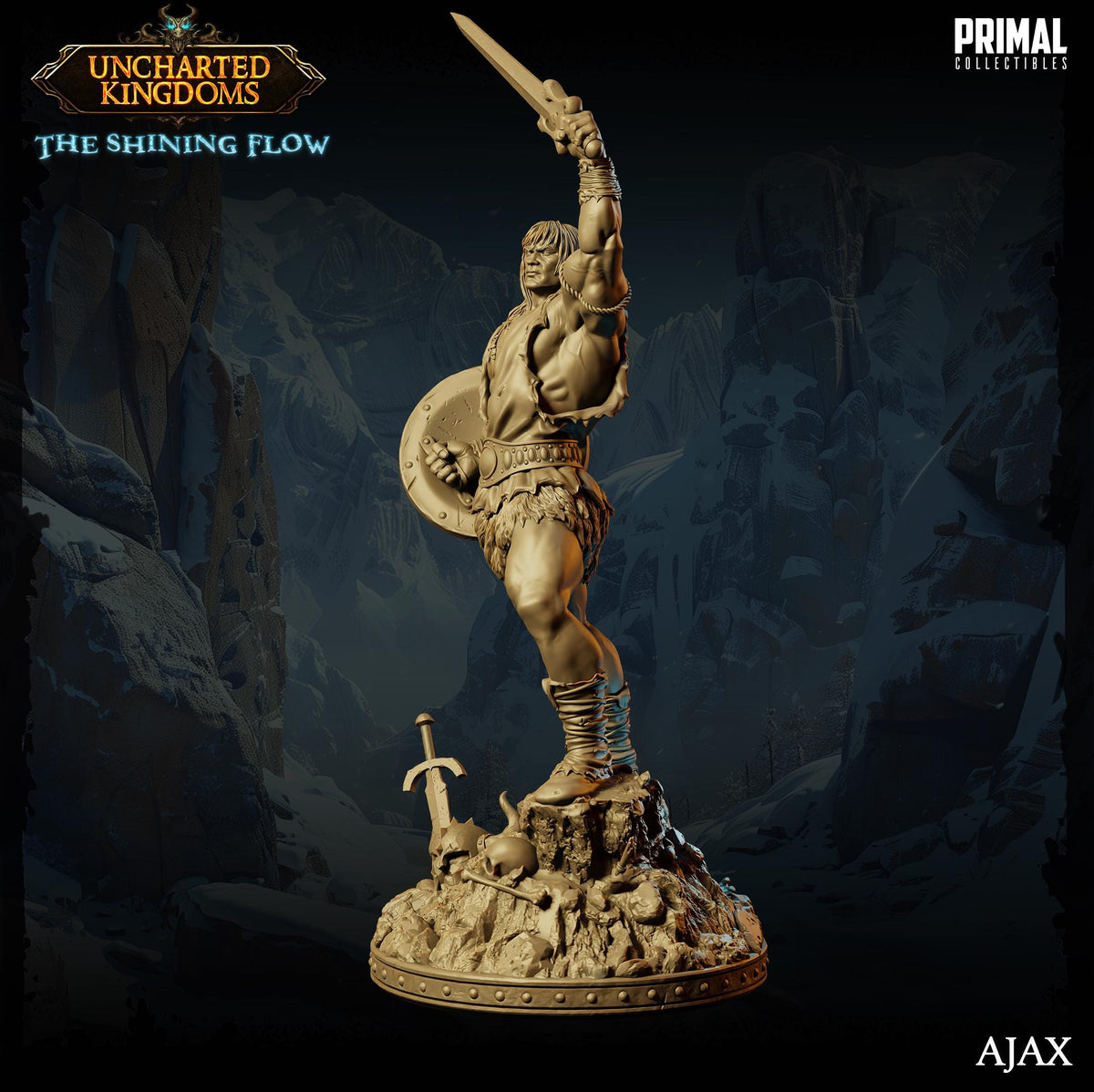 a statue of a warrior standing on a rock, holding a shield and sword, with a mountainous landscape in the background.