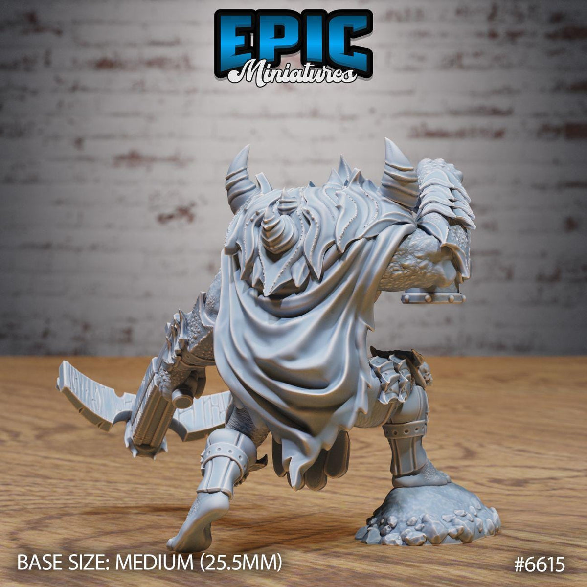 A 3D model of a miniature character, likely a warrior or monster, with a detailed and intricate design. The character is standing on a wooden surface and appears to be in a fighting stance. The image is labeled with the text "Epic Miniaturies" and "BASE SIZE: MEDIUM (25.5MM)" indicating the size and material of the model.