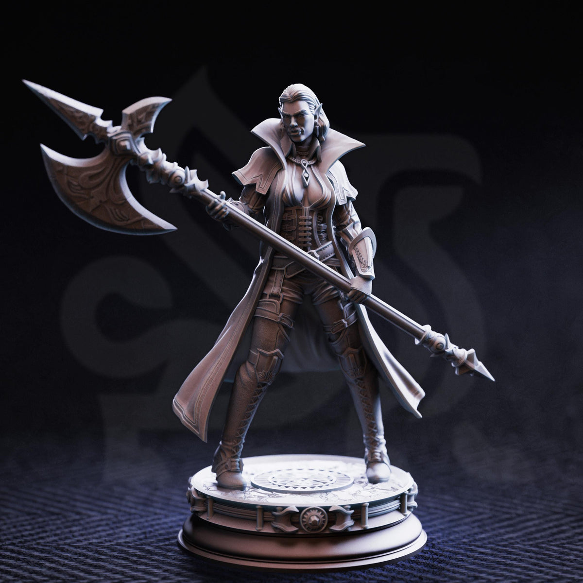 A detailed 3D model of a female warrior figure holding a large weapon, standing on a platform against a dark background.